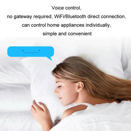 Wireless Smart Remote for TV, Air Conditioner and Home Appliances showing voice control and WiFi/Bluetooth direct connection for convenient bed use