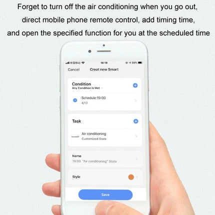 Wireless Smart Remote for TV, Air Conditioner and Home Appliances showing smartphone app scheduling an air conditioner with timer and save button