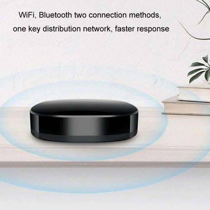 Wireless Smart Remote for TV, Air Conditioner and Home Appliances black WiFi/Bluetooth smart hub on table controlling devices