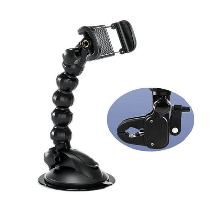 Car Snake Shaped Phone Holder With Adjustable Angles — flexible black car mount with suction base and clamp for dashboard HUD navigation