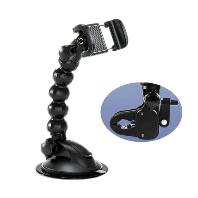 Car Snake Shaped Phone Holder With Adjustable Angles — flexible black car mount with suction base and clamp for dashboard HUD navigation