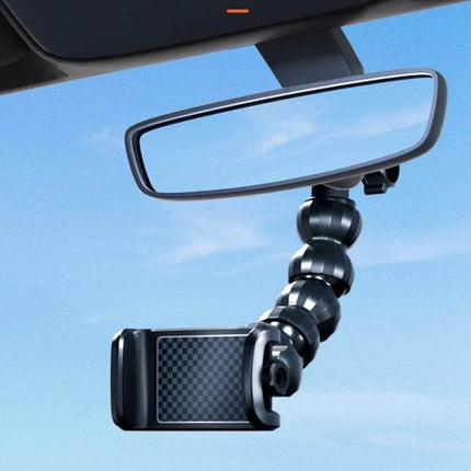 Car Snake Shaped Phone Holder With Adjustable Angles mounted under rearview mirror for hands-free navigation and adjustable portrait or landscape view