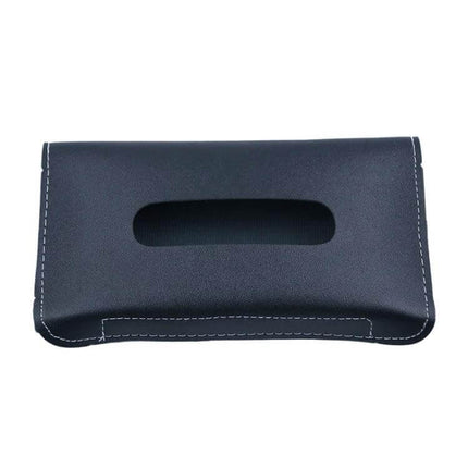 Car Armrest Box Sun Visor Hanging Leather Tissue Box Black - black PU leather, handcrafted spliced design, retractable sun visor tissue holder