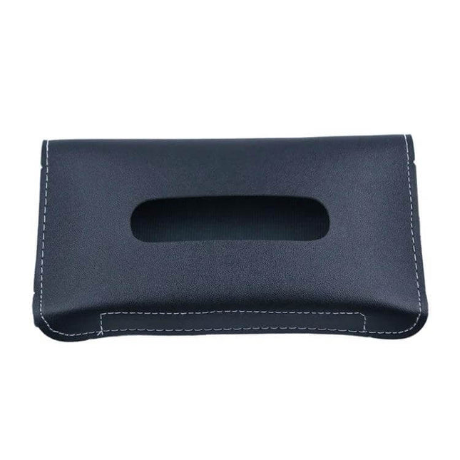 Car Armrest Box Sun Visor Hanging Leather Tissue Box Black - black PU leather, handcrafted spliced design, retractable sun visor tissue holder