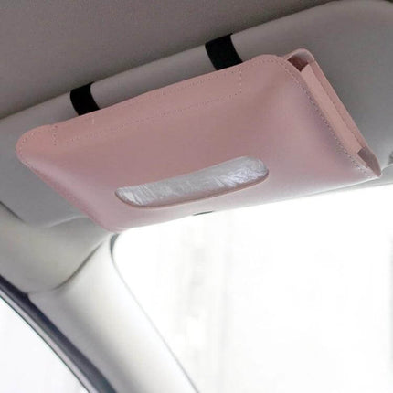 Car Armrest Box Sun Visor Hanging Leather Tissue Box Black shown hung from car sun visor, black PU leather alternative in image