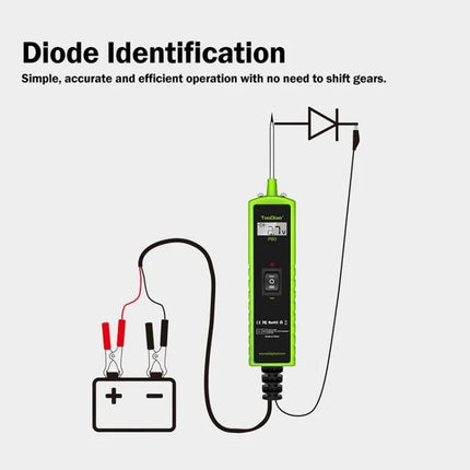 JDiag Tool for Everyday Automotive Circuit Detection showing diode identification with clips on battery and probe testing