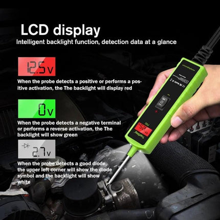 JDiag Tool for Everyday Automotive Circuit Detection - compact LCD circuit tester showing backlit voltage readouts on car engine