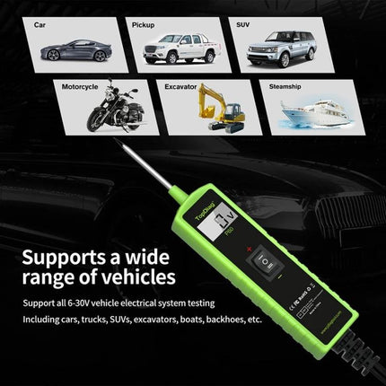 JDiag Tool for Everyday Automotive Circuit Detection compact tester shown with car, pickup, SUV, motorcycle, excavator and boat