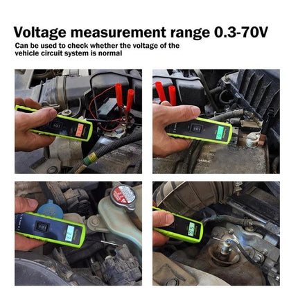 JDiag Tool for Everyday Automotive Circuit Detection compact voltage tester shown checking car battery, fuses and headlights (0.3–70V)