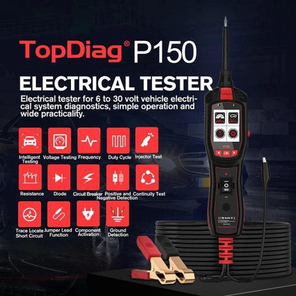 JDiag Tool for Vehicle Diagnostics During Routine Maintenance - TopDiag P150 electrical tester with probes and battery clips for voltage and circuit checks