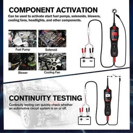 JDiag Tool for Vehicle Diagnostics During Routine Maintenance showing component activation and continuity testing with battery clips and probe