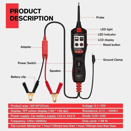 JDiag Tool for Vehicle Diagnostics During Routine Maintenance handheld tester with probe, LED, LCD and battery clips for quick voltage and circuit checks