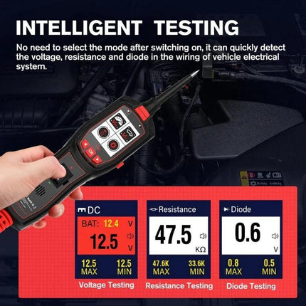 JDiag Tool for Vehicle Diagnostics During Routine Maintenance showing voltage resistance and diode testing on a car battery