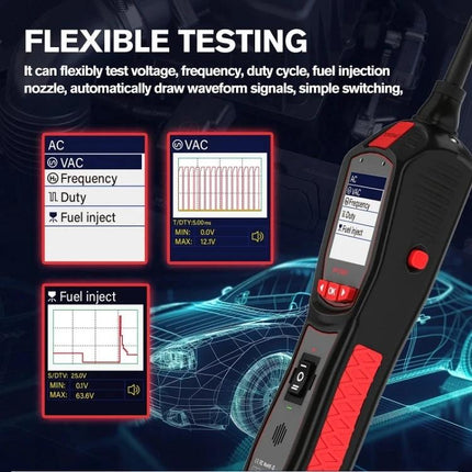 JDiag Tool for Vehicle Diagnostics During Routine Maintenance handheld tester showing VAC, frequency, duty, and fuel inject test screens for quick electrical checks