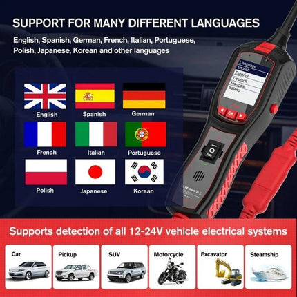 JDiag Tool for Vehicle Diagnostics During Routine Maintenance handheld battery-powered diagnostic tester showing language options and 12-24V vehicle support