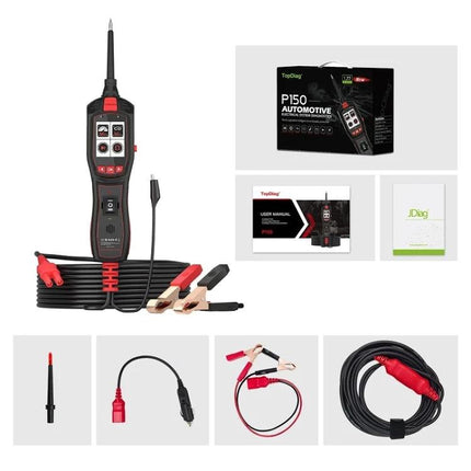 JDiag Tool for Vehicle Diagnostics During Routine Maintenance - handheld battery-powered diagnostic tester with probes and alligator clips for voltage and circuit checks
