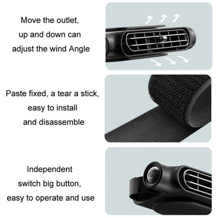Car Turbine High Wind USB Plug-In Seat Back Fan In-Car Use showing adjustable vent angle, adhesive strap installation and large easy-to-use power button