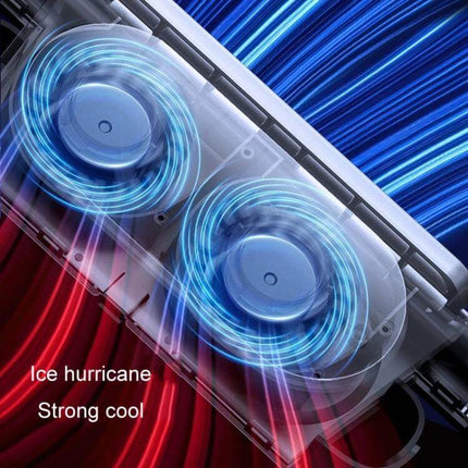 Car Turbine High Wind USB Plug-In Seat Back Fan In-Car Use showing dual turbine fans with strong cool airflow and USB-C plug for rear-seat cooling