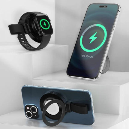 Magnetic Holder for Charging Phones During Everyday Activities - hands-free phone charging stand showing phone 75% charged and phone with ring holder