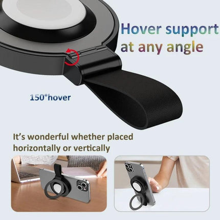 Magnetic Holder for Charging Phones During Everyday Activities showing 150° hover support and foldable strap for hands-free charging and viewing
