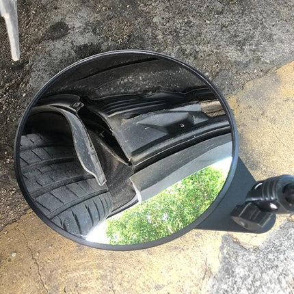 Telescopic Mirror for Security Checks in Everyday Situations showing vehicle undercarriage and tire inspection with extendable inspection mirror