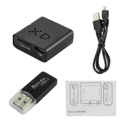 XD Compact Sports Camera for Everyday and Low-Light Activities compact black camera module with USB cable and microSD reader