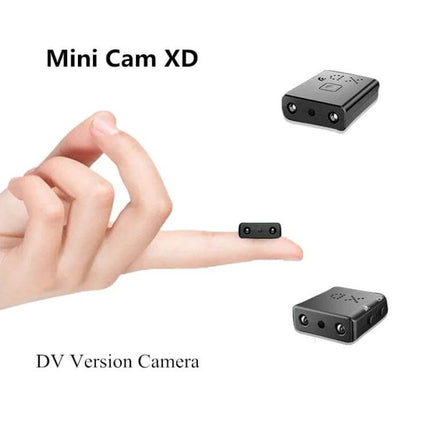 XD Compact Sports Camera for Everyday and Low-Light Activities small black mini cam shown on fingertip, compact low-light HD recorder