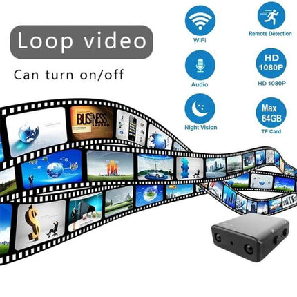 XD Compact Sports Camera for Everyday and Low-Light Activities small black camera with HD 1080P, night vision, loop video and WiFi icons