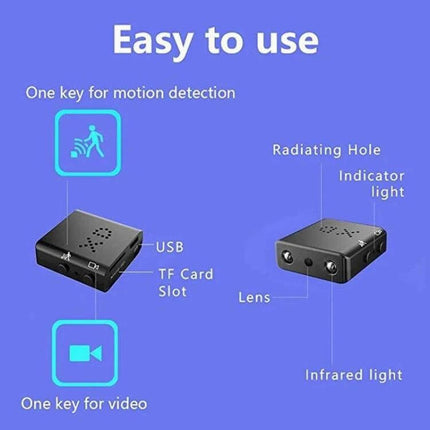 XD Compact Sports Camera for Everyday and Low-Light Activities compact black mini camera with labeled USB TF card slot lens infrared lights and one-key motion detection