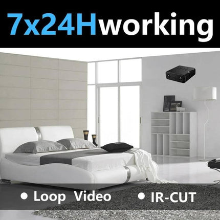 XD Compact Sports Camera for Everyday and Low-Light Activities small covert black camera in modern bedroom showing loop video and IR-CUT features