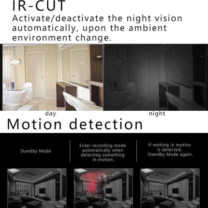 XD Compact Sports Camera for Everyday and Low-Light Activities showing IR-CUT day/night view and motion detection features
