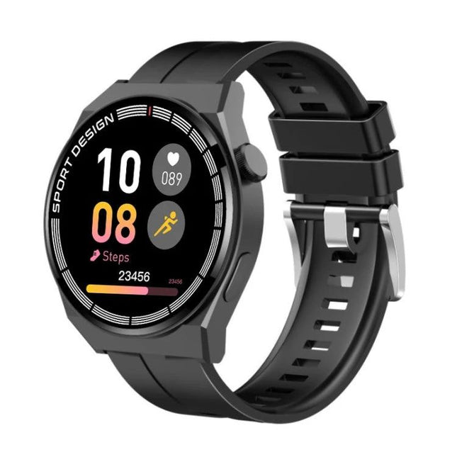 A Practical Watch for Everyday Health and Activity Tracking - black smartwatch showing steps, heart rate, call alerts and activity icons