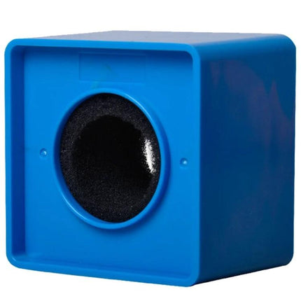 A Practical Logo Flag Station for Professional Interviews showing blue microphone flag with foam insert for custom branding
