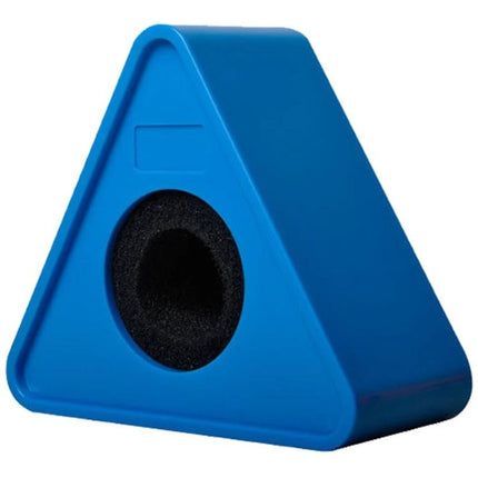 A Practical Logo Flag Station for Professional Interviews blue triangular microphone logo flag holder for clean branded interviews