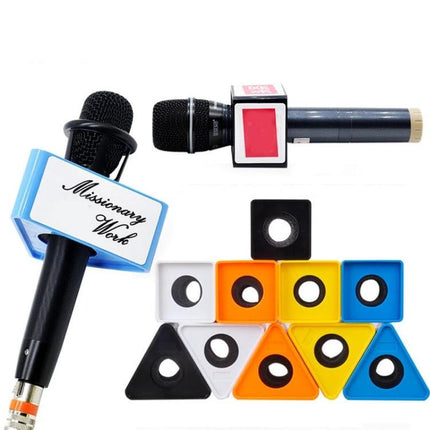 A Practical Logo Flag Station for Professional Interviews showing branded microphone flag for interviews
