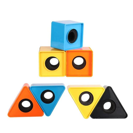 A Practical Logo Flag Station for Professional Interviews — colorful square and triangular logo flag mounts for microphones, easy attach display