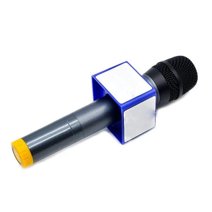 A Practical Logo Flag Station for Professional Interviews mounted on handheld microphone with custom blank logo panels