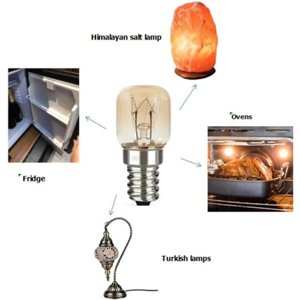 Durable Glass Oven Light Bulb for Daily Kitchen Tasks - E14 oven bulb shown with fridge, oven, lamps and salt lamp applications