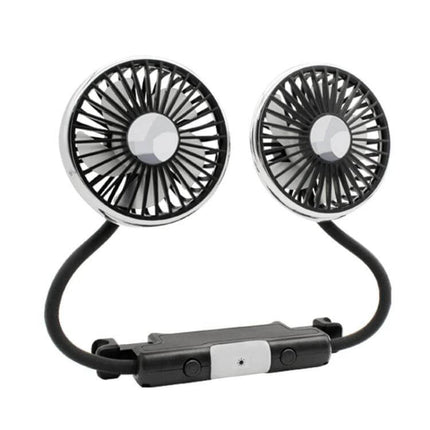 Car Dual-Head Rear Seat Fan With Light For Backseat Comfort — USB-powered dual-head fan with flexible arms and LED light for backseat cooling