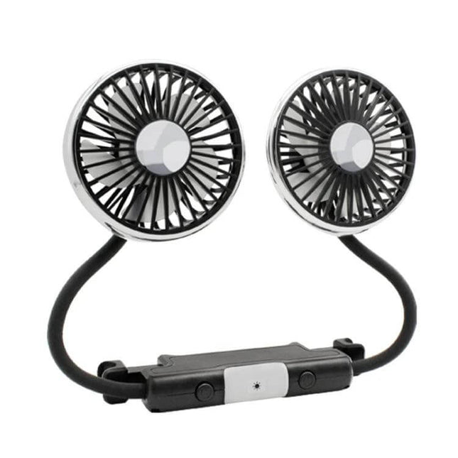 Car Dual-Head Rear Seat Fan With Light For Backseat Comfort — USB-powered dual-head fan with flexible arms and LED light for backseat cooling