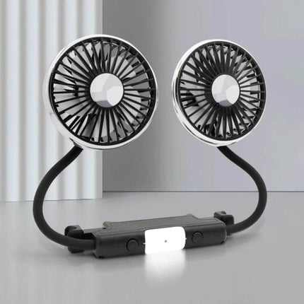 Car Dual-Head Rear Seat Fan With Light For Backseat Comfort - USB-powered dual head fan with flexible necks and built-in light, black ABS design