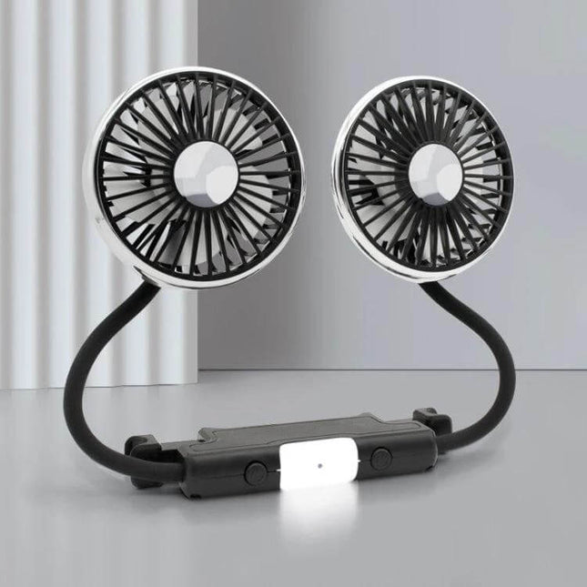 Car Dual-Head Rear Seat Fan With Light For Backseat Comfort - USB-powered dual head fan with flexible necks and built-in light, black ABS design