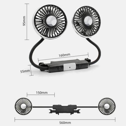 Car Dual-Head Rear Seat Fan With Light For Backseat Comfort - dual USB-powered fans, flexible mount, ABS/PP/silicone, compact rear seat cooling and light