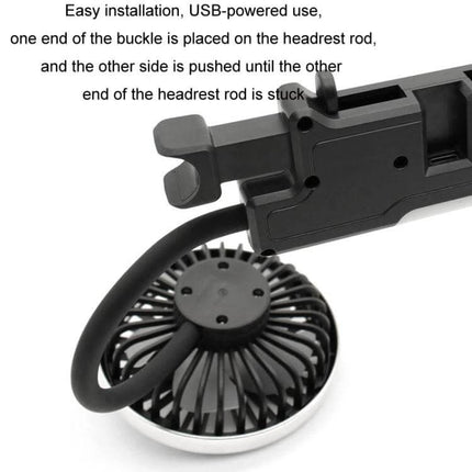 Car Dual-Head Rear Seat Fan With Light For Backseat Comfort - USB-powered dual-head fan mounted to headrest rod with flexible arm and compact design