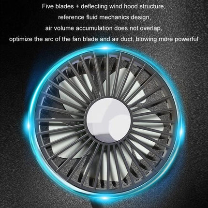 Car Dual-Head Rear Seat Fan With Light For Backseat Comfort showing close-up five-blade fan head with illuminated rim and protective grill