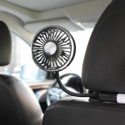 Car Dual-Head Rear Seat Fan With Light For Backseat Comfort - USB-powered flexible mount on headrest providing targeted airflow and LED light