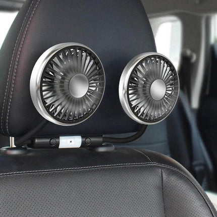 Car Dual-Head Rear Seat Fan With Light For Backseat Comfort mounted on headrest, USB-powered dual fans with flexible mounting and subtle light