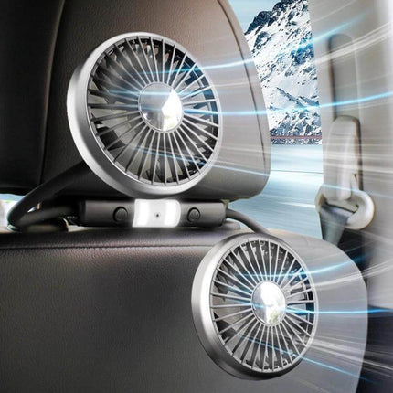 Car Dual-Head Rear Seat Fan With Light For Backseat Comfort - USB-powered dual-head fan with light mounted on car headrest for targeted backseat cooling