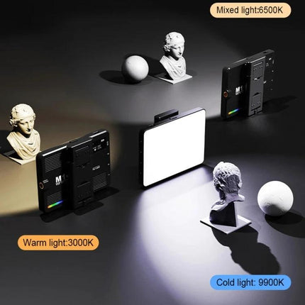 Desiontal Rechargeable Pocket Light for Photography and Shooting illuminating small sculptures with warm 3000K, mixed 6500K and cold 9900K lighting