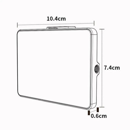 Desiontal Rechargeable Pocket Light for Photography and Shooting compact dimensions 10.4cm x 7.4cm x 0.6cm line drawing